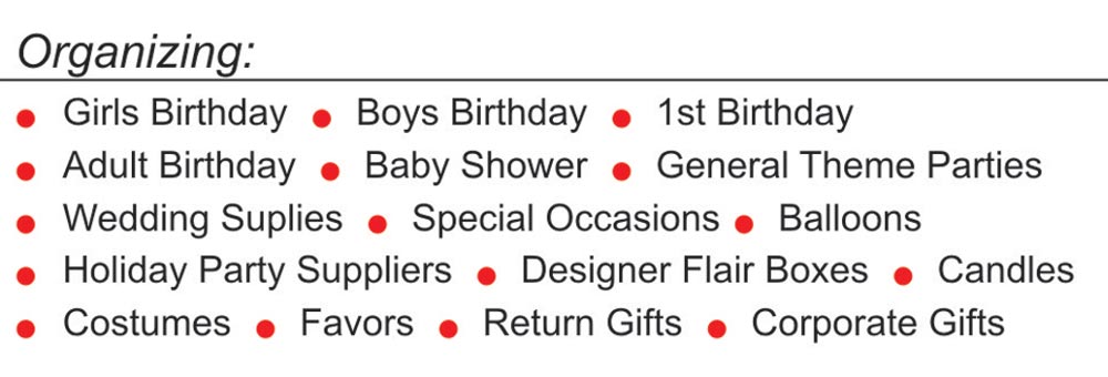 Party Organisers South Delhi Art of Celebration Delhi Girls Birthday Boys Birthday 1st Birthday Adult Birthday Baby Shower General Theme Parties Wedding Supplies Special Occasions Balloons Decoration Holiday Party Suppliers Designer Flair Boxes Candles Decoration Costumes Favors Return Gifts�Corporate Gifts Greater Kailash New Delhi NCR East West North Gurgaon Noida Faridabad